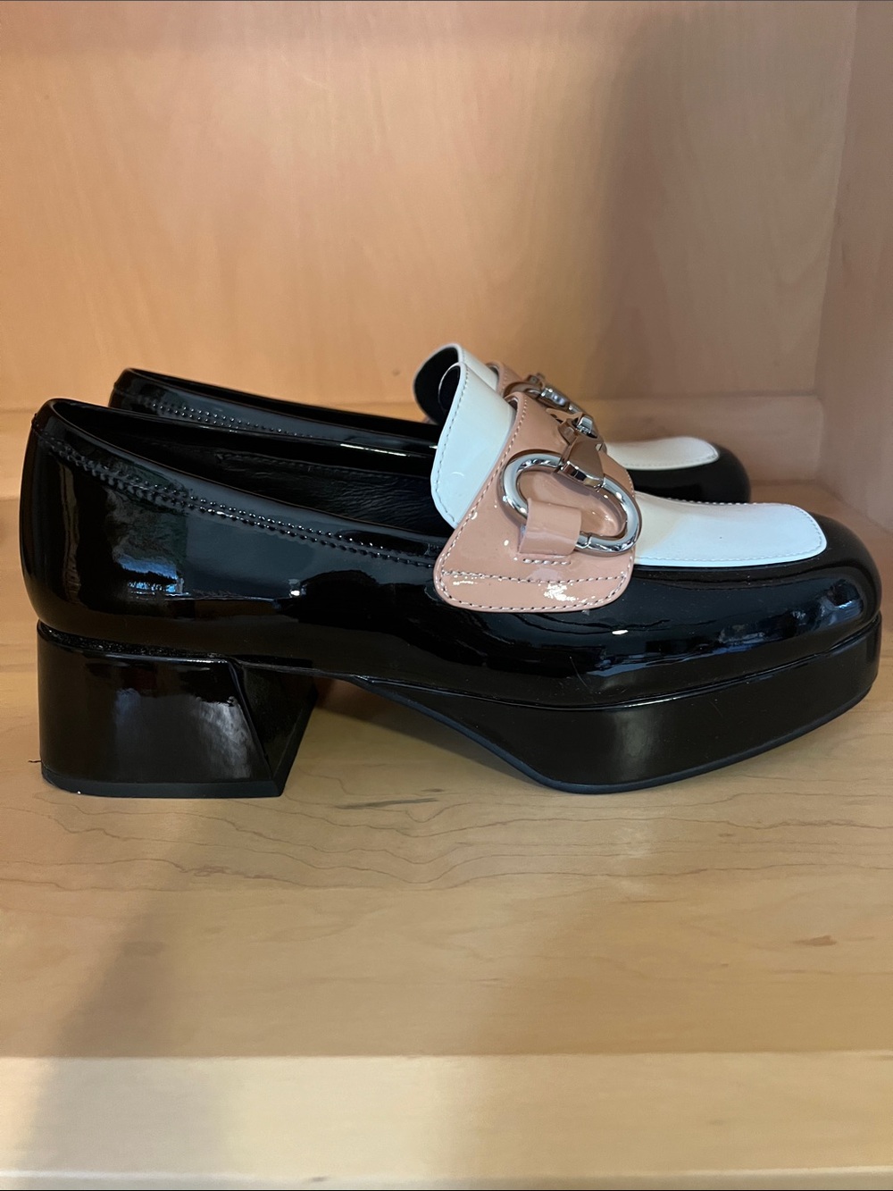 Jeffrey Campbell Black White and Beige Patent Horsebit Platform Loafers - Picture 4 of 9